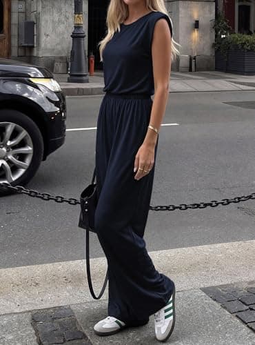 BTFBM 2 Piece Sets for Women Spring 2026 Casual Shoulder Pad Tank Top Wide Leg Pants Matching Set Travel Airport Outfits(Navy Blue, Medium) - Thumbnail 3