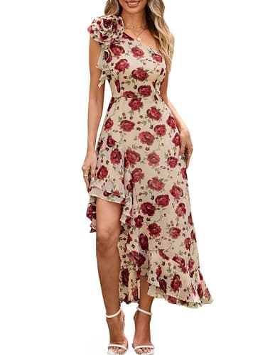 GRACE KARIN Women 2026 Summer One Shoulder Dresses High Waist Floral Flowy Boho Smocked Wedding Guest Maxi Sundress - Image 1