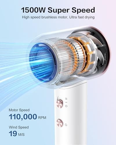 Hair Dryer with Diffuser,High Speed Ionic Blow Dryer 500 Millions Negative Ionic Low Noise,Magnetic Attachments,Thermo Control for Home Travel Salon White - Thumbnail 6