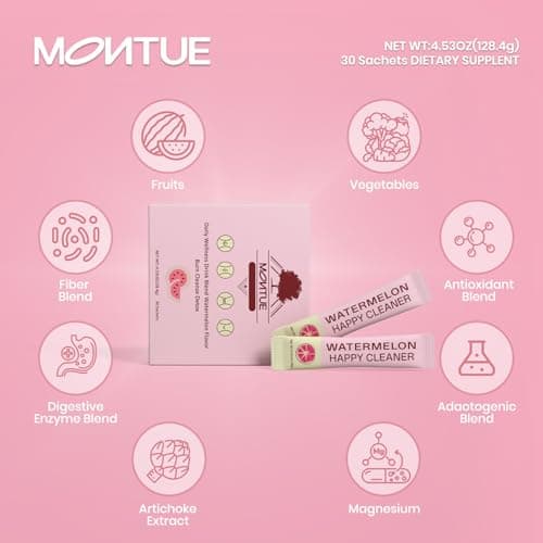 Montue Prebiotics and Probiotics - Happy Cleaner Gut Health Powder, Sugar Free,Dietary Fiber Supplement for Digestion & Bloating Health- Watermelon - 30 Servings (Pack of 30) - Thumbnail 4