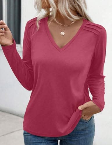 JUSTFASHIONNOW Pleated Long Sleeve Shirts for Women V Neck Dressy Casual Business Blouses Fall Tops 2025 Trendy(Red,XX-Large) - Thumbnail 3