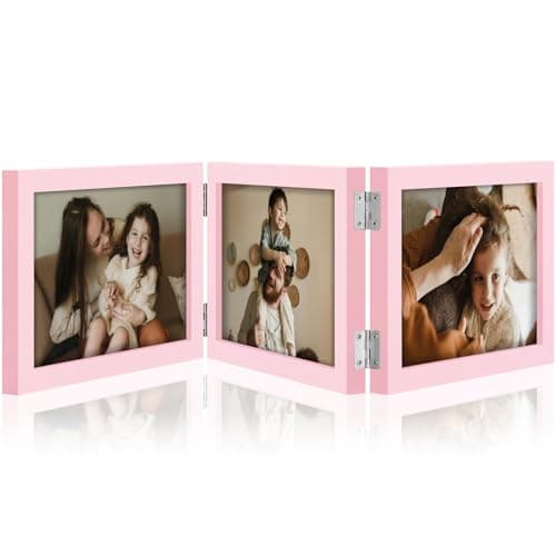 decorUhome Triple 7x5 Picture Frame Horizontal, Engineered Wood Trifold Photo Frame with Plexiglass for Tabletop Display, 7x5, Pink