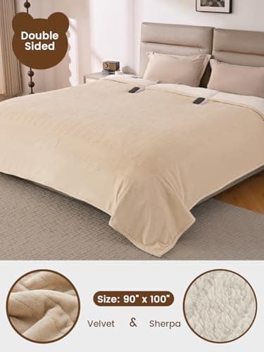 Bearhug Electric Blanket King Size 100" x 90", Dual Controller Heated Blanket Beige, Velvet & Sherpa, 10-Heat Levels & 1-12H Auto Off, 5 Year Warranty, Over-Heat Protect, ETL, Machine Washable - Thumbnail 2