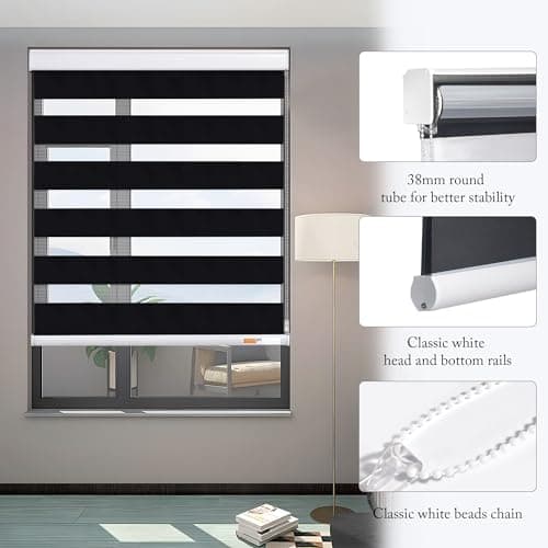 GHV Zebra Blinds for Windows Corded Blackout Dual Layer Privacy Shades Light Control for Day and Night Home Office (Black, 28 in (W) x 64 in (H)) - Thumbnail 2