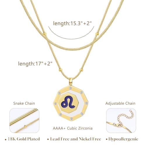 LETFLY Leo Zodiac Necklace for Women, 18K Gold Plated Octagon Shaped Pendant with Cubic Zirconia Adjustable Layered Snake Chain for Womens Jewelry Gifts - Thumbnail 4