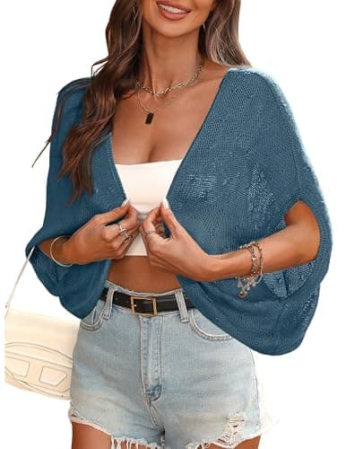 BB&KK Women's Bolero Shrug Summer Short Sleeve Crochet Lightweight Cropped Cardigans Gray Blue XL - Image 1