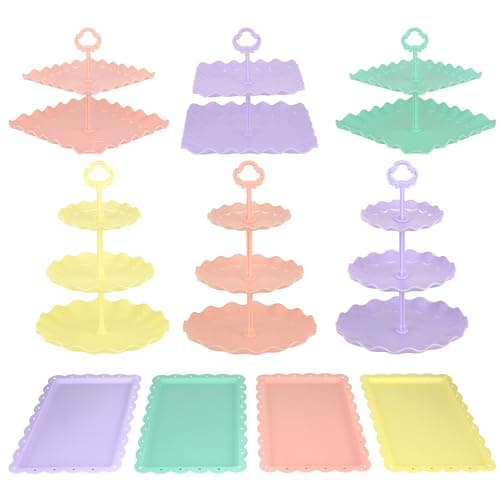 Pack of 10 NWK Cake Stand Set, with 3 x Two-Tier and 3 x Three-Tier Cupcake Stands, 4 x Appetizer Trays, 1 x Tablecloth for Birthday Bridal Baby Shower Party (Colorful) - Image 1