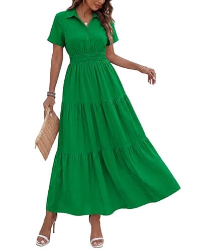 BTFBM Wedding Guest Dresses for Women Beach Fashion Casual Short Sleeve V Neck Solid Spring Summer Boho Maxi Dress (Green,X-Large) - Image 1