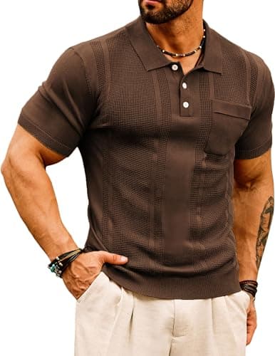 GRACE KARIN Men's Summer Lightweight Polo Shirts Short Sleeve Polo Collared 70s Retro Italian Knit Tee Shirts Beach Shirts XL Coffee - Image 1