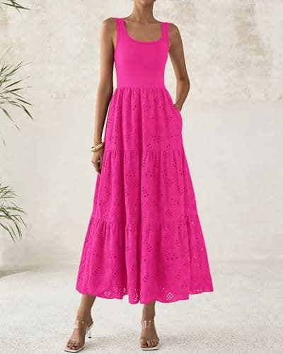 BTFBM Women Summer Eyelet Midi Dresses Casual Spring 2026 Sleeveless A Line Flowy Vacation Beach Wedding Guest Sun Dress(Hot Pink, X-Large) - Thumbnail 3