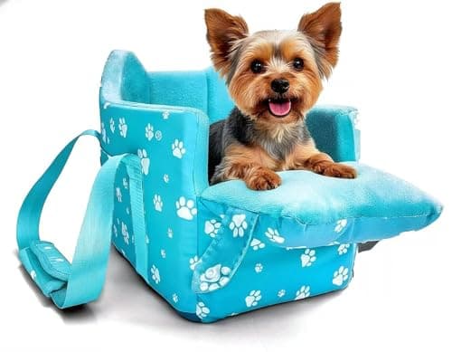 Cullaby Center Console Dog Car Seat for Small Dogs Under 15lbs,Detachable Washable Booster Pet Car Seat Travel Bed with Storage Pockets and Seat Belt(Blue)
