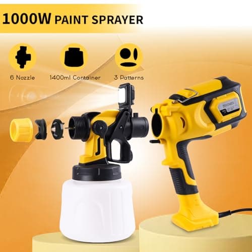 LED Light Paint Sprayer,1000W Paint Gun with Cleaning & Blowing Joints,1400ml Cup Spray Paint Gun with Adjustable Flow Width,6 Nozzles and 3 Patterns,Yellow Paint Sprayer for House Painting - Thumbnail 3