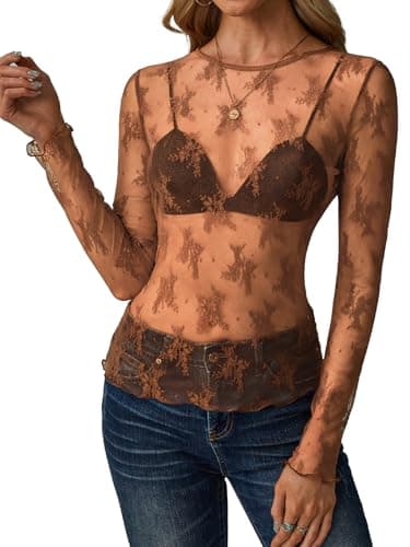 GKBK Womens Mesh Long Sleeve Tops Crew Neck Sexy See Through Tee Dressy Casual Shirts Party Club Night Lace Blouse Western Wear Outfit Clothes Going Out Clothing Brown XXL - Thumbnail 2