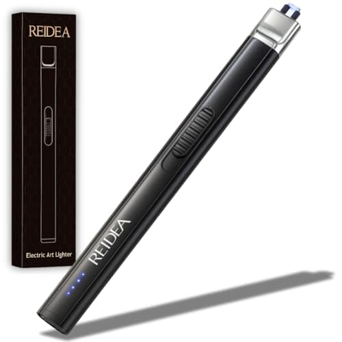 REIDEA Electric Lighter Gift for Candle Lovers, Windproof Flameless USB Rechargeable Arc Retractable Lighter with Safe Button and Power Indicator for Candle, BBQ and Fireworks, R1 Flat, Obsidian Black - Image 1