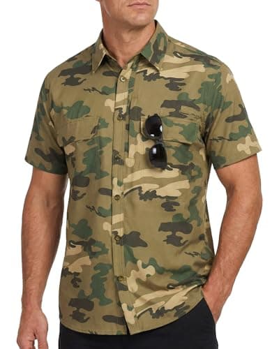 Cozople Mens Fishing Shirts Light Camo Short Sleeve Button Down UPF 50+ 4-Way Stretchy Work Hiking Shirt for Travel Safari Camping Brown L - Image 1