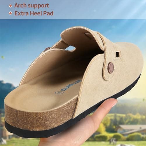 Khaki Clogs for Women Men Suede Clogs Adjustable Buckle Mules Classic Antislip Home Slippers Cork Footbed Clog Unisex - Thumbnail 3