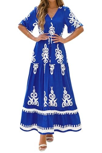 BTFBM Boho Dresses for Women 2026 Summer Spring Casual Floral Short Sleeve V Neck Flowy A-Line Maxi Party Dress Pockets(Floral Blue White, Medium) - Thumbnail 6