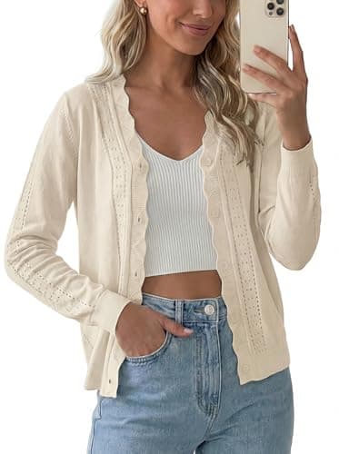 PrinStory Womens Cardigan Sweaters Long Sleeve Casual Button Down V-Neck Open Front Hollow Lightweight Knit Clothes 2026 Oatmeal 2XL - Image 1