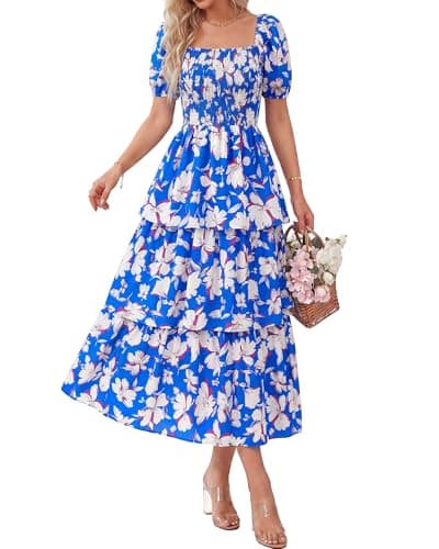 BTFBM Womens Square Neck Smocked Dress Summer Puff Short Sleeve Floral Casual Ruffle Tiered Maxi Wedding Guest Dresses(Floral Blue White, Large) - Image 1