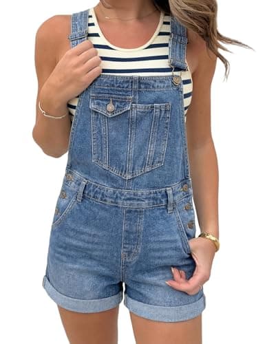 BISUAL Denim Overalls Shorts for Women Loose Fit Casual Jean Overalls Adjustable Strap Jumpsuit for Women with Bib Pocker Blue XXL - Image 1