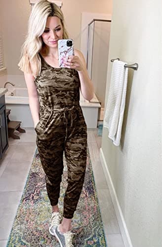 KIRUNDO Women 2026 Summer Jumpsuits Casual Sleeveless Drawstring Elastic Waist Romper Vacation Cruise Airport Travel Outfits(Camouflage-Yellow Green, Small) - Thumbnail 2