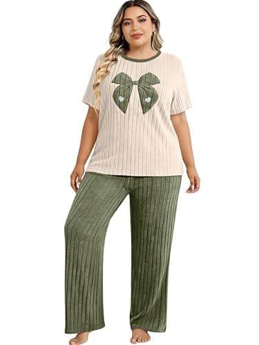 Emilaura Womens Plus Size Pajama Set 2 Piece Short Sleeve with Long Pant Sleepwear Soft & Cozy Bow Loungewear (XL to 5X) Green - Image 1