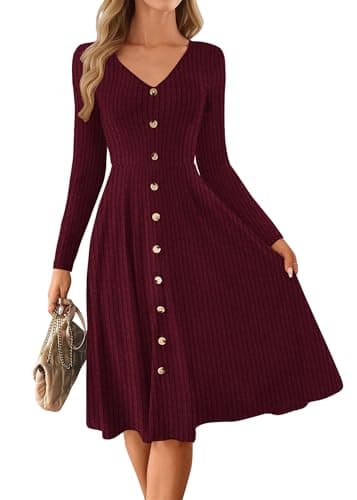 Lazysmile Long Sleeve Fall Winter Dresses for Women V Neck Button Down A Line Swing Casual Knit Sweater Dress Wine Red - Image 1
