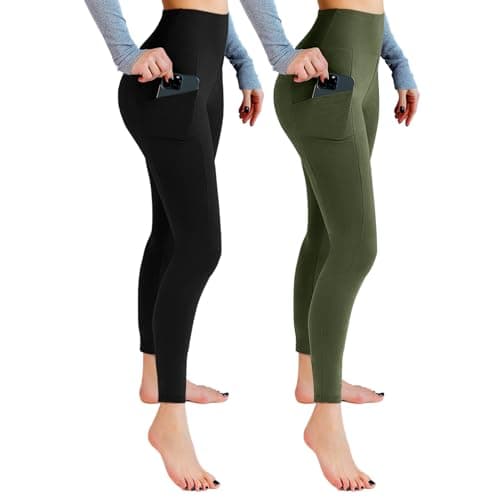 Leafigure 2 Packs Leggings with Pockets for Women, High Waisted Tummy Control Workout Leggings for Gym Black/Army Green SM - Image 1