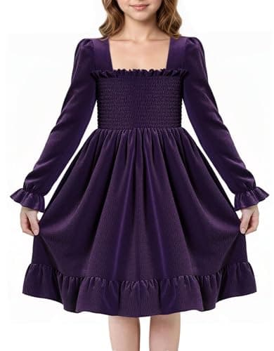 JiAmy Toddler Girls Fall Winter Dress Velvet Puff Long Sleeve Smocked Square Neck Ruffle Casual Dress Purple 5-6Y - Image 1