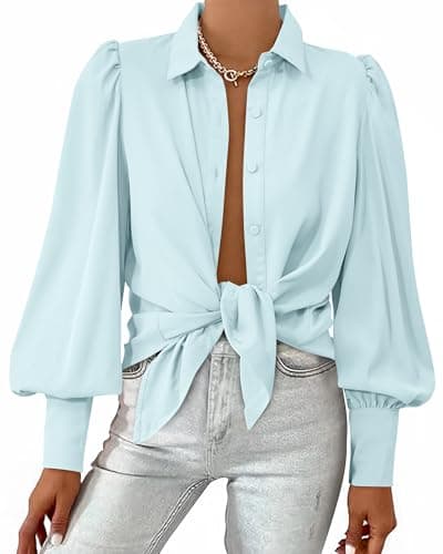 BTFBM Women Fashion Button Down Shirts 2026 V Neck Boho Printed Long Sleeve Blouses Dressy Casual Spring Fall Tops(Solid Light Blue, Large) - Image 1