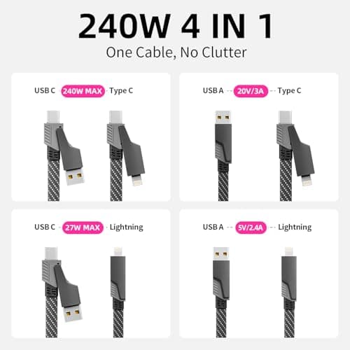 USB C Cable, 240W MAX 4 in 1 Charging Cord 5FT with E-Mark Chip, Fast Charging USB A/C to C/Lightning Cable for iPhone 17/16/15/14/13 Series, MacBook/Pad/Android/Tablets and More, iPhone Charger Cord - Thumbnail 2
