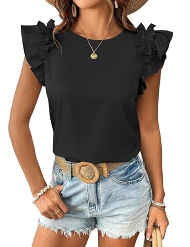 Summer Shirts for Women 2026 Trendy Casual Ruffle Short Sleeve Tops T Shirts Round Neck Cute Flutter Tee Tops Loose Fit Dressy Blouses Black XL - Image 1