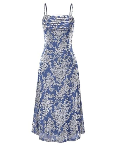 BTFBM Women's Summer Dress Sleeveless Spaghetti Strap Midi Dress Sexy Cowl Neck Floral Cocktail Dress Party Dresses(Blue,Small) - Image 1