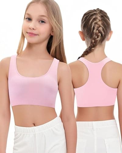 iMuchic Girls Racerback Sports Bra, Built -Up Stretch Crop Undershirt Seamless Training Bra in Everyday Colors for Teens (US, Alpha, Small, Pink) - Image 1