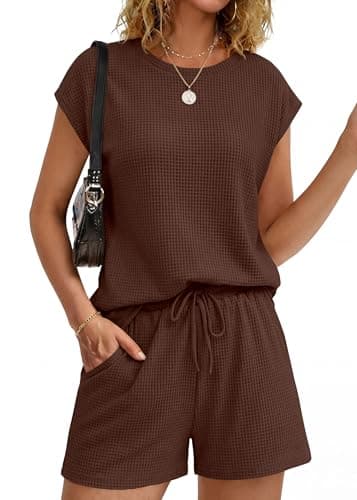 KIRUNDO 2 Piece Sets For Women 2026 Summer Waffle Knit Cap Sleeve Lounge Set Casual Travel Vacation Outfits With Shorts(Brown, Medium) - Image 1