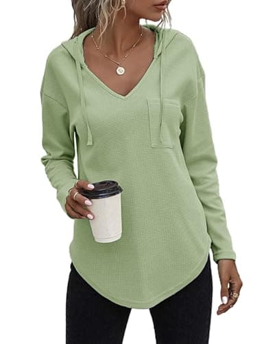morhuduck Women's V Neck Hoodies Long Sleeve Sweatshirt Drawstring Pullover Tops with Pocket (Mint Green L) - Image 1