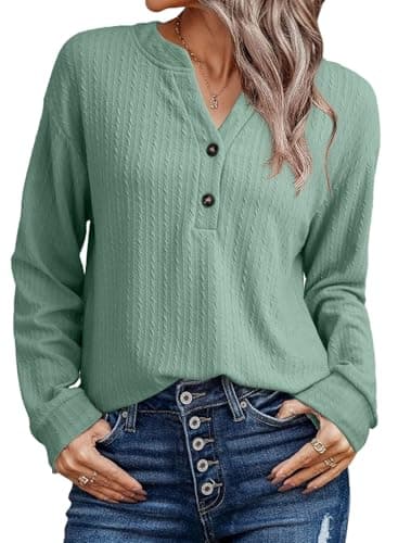 SHEWIN Women Shirts Long Sleeve Ribbed Knit Tops Fall Dressy Tunic Pullover Oversized Sweatshirt Spring Casual Trendy Clothes 2025 V Neck Outfits Green Size 2XL - Image 1