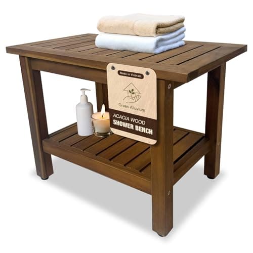 GREEN ALLUVIUM 24 inch Acacia Wood Shower Bench with Storage Shelf - Waterproof Sturdy Shower Stool - Shower Seats for Adults and Elderly - Bathroom Bench 350 lb Capacity - Image 1