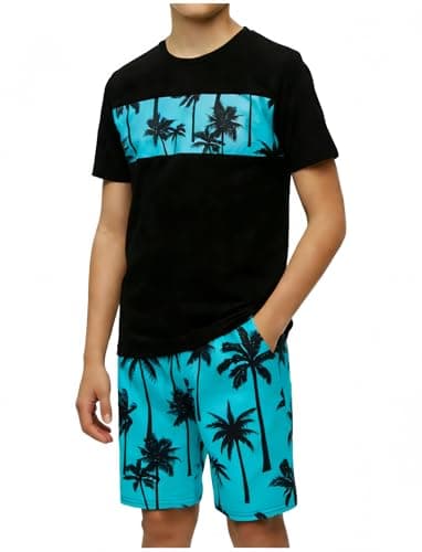 PATPAT Boys Summer Outfits Size 13-14 Years, Green Palm Print Tshirts and Shorts with Pockets, Crew Neck Short Sleeve Tshirts Stretch Shorts 2 Piece Outfits Boys Short Sets - Image 1