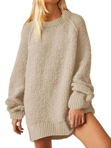 UNCLECAT Womens Oversized Sweater 2025 Fall Trendy Fuzzy Crew Neck Long Sleeve Casual Tunic Sweaters Beige - Image 1