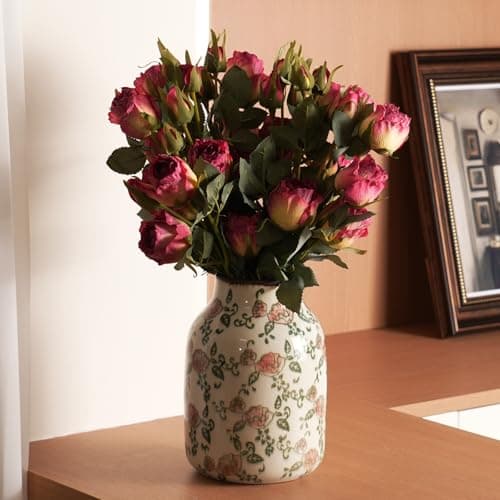 SJIE Vintage Ceramic Vase - 7.8 Inch Hand-Painted Roses with Ice Crackle Glaze Finish, American Farmhouse Style Pitcher Vase for Home Decor, Centerpiece, Shelf, Table, Office, Rustic Wedding Gift - Image 1