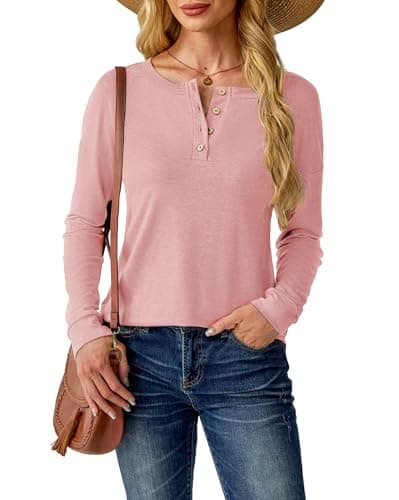 GKBK Womens Henley Tops Long Sleeve Shirts Button Pullover Loose Fit Henley Neck Lightweight Tunic Blouse Pink M - Thumbnail 3
