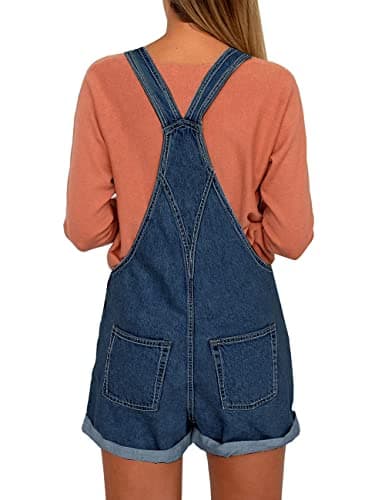 Vetinee Women's Deep Blue Classic Adjustable Straps Cuffed Hem Denim Bib Overall Shorts Small - Thumbnail 2