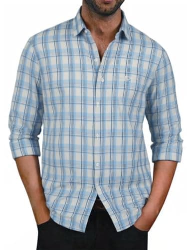 BAYAMO Men's Button-Down Plaid Shirts Casual Long Sleeve Cotton Linen Shirts for Men Fashion Business Shirt Blue 3XL - Image 1