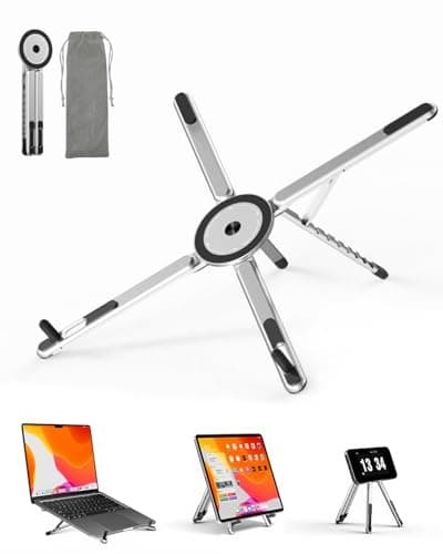 Viozon Portable Laptop Stand for Desk, Foldable Adjustable Computer Riser with Magnetic Phone Holder, Aluminum Laptop Stand for 10–16” Laptops & 4–13” Phones/Tablets (Silver) - Image 1