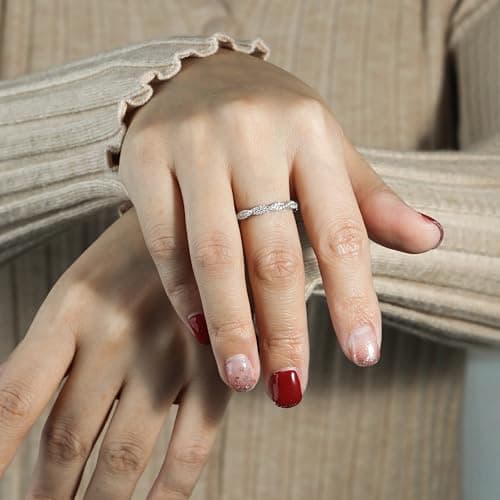 SILVERNANA Moissanite Wave Twisted Wedding Band for Women, White Gold Plated Sterling Silver Twisted Vine Pave Stackable Eternity Ring Size 7 - Thumbnail 3