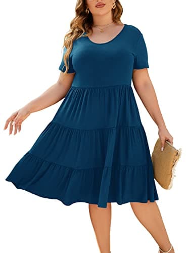 Younrui Plus Size Sun Dresses Women Summer Beach Dresses Short Sleeve Scoop Neck Tiered Babydoll Casual Midi Dress (4XL-1001-Deep Blue) - Image 1
