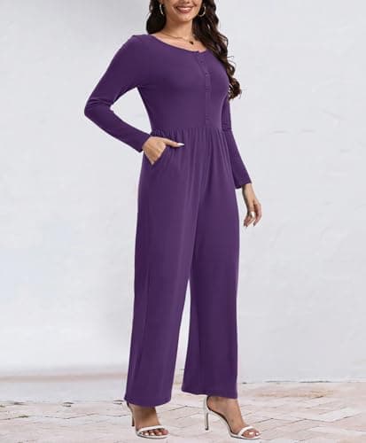 STOLKISS Dressy Jumpsuit for Women 2025 Fall Long Sleeve U-Neck Button Up Jumpsuits Spring Wide Leg Pants Rompers with Pocket - Thumbnail 4