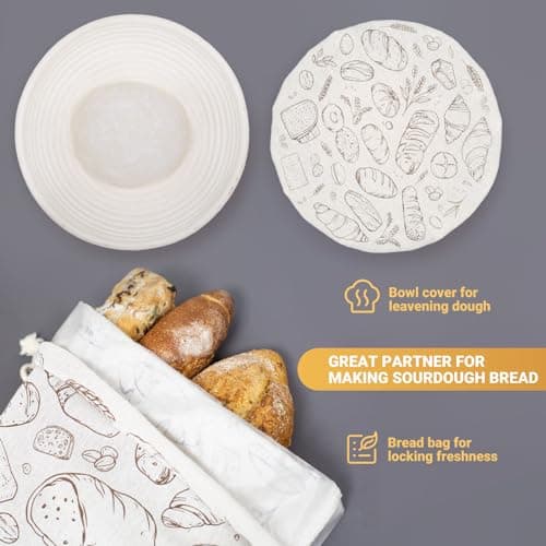 Verigud Large Reusable Linen Bread Bag and 10'' Bowl Cover with Plastic Liners for Bread Storage & Sourdough Proofing - Thumbnail 5