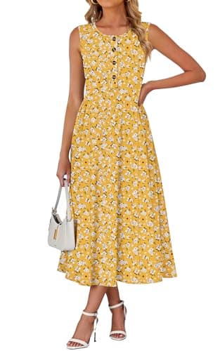 MISFAY Women Plus Size Summer Casual Sleeveless V Neck Long Dresses Button Down Sundress Beach Vacation with Pockets Travel Outfits(Floral Yellow,2XL) - Image 1